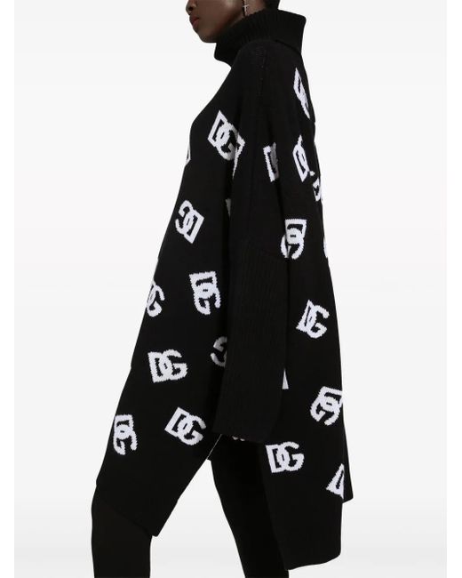 Dolce & Gabbana Black Wool Logo Poncho