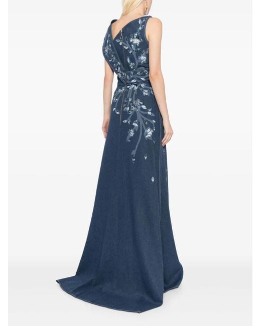 Saiid Kobeisy Blue Floral-Print Denim Maxi Dress