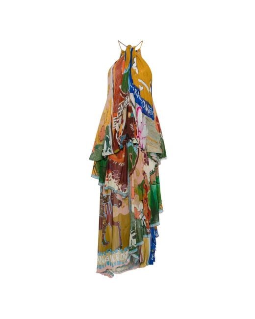 ALÉMAIS White Mlak Graphic-Print Tiered Asymmetric Gown