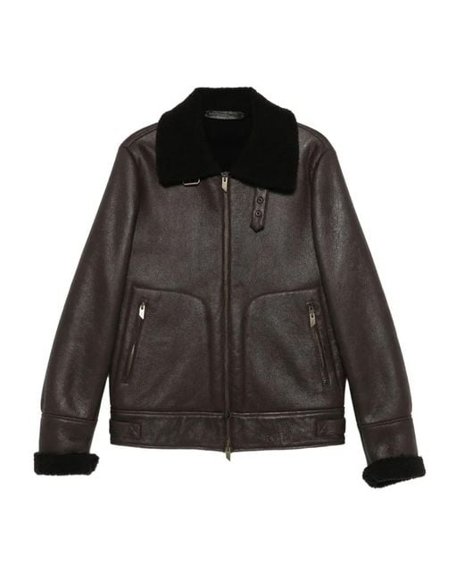 Salvatore Santoro Black Shearling-Collar Leather Jacket for men
