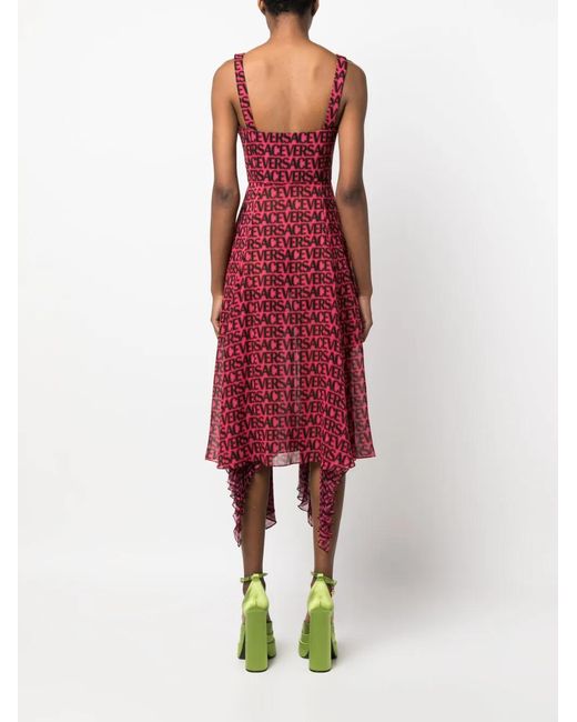 Versace Red Logo-Print Asymmetric-Hem Silk Dress