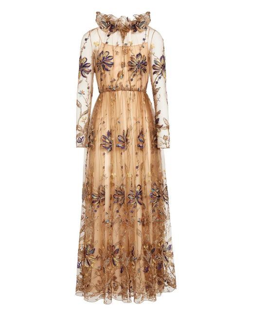 Giambattista Valli Natural Embroidered-Flowers Tulle-Ruffle Midi Dress