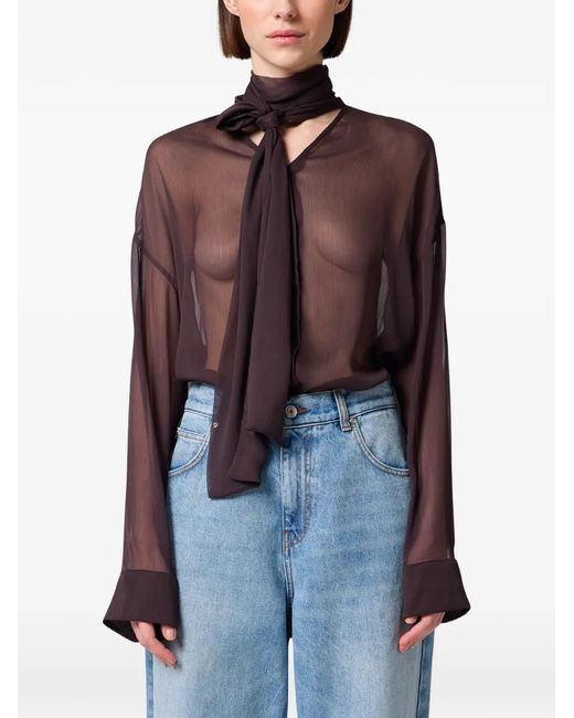 MSGM Purple Tie-Neck Sheer Blouse