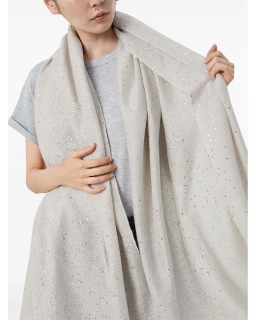 Brunello Cucinelli White Sequin-embroidered Cashmere-blend Scarf