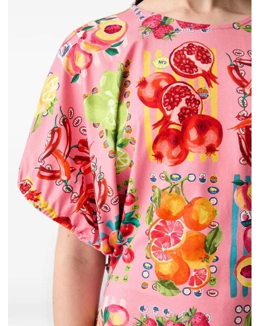Never Fully Dressed Red Fruit-Print Puff-Sleeve Cotton Midi Dress