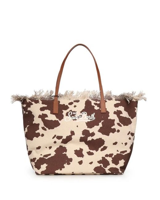 Mc2 Saint Barth Pink Fringed-Details Cow-Print Cotton Tote Bag