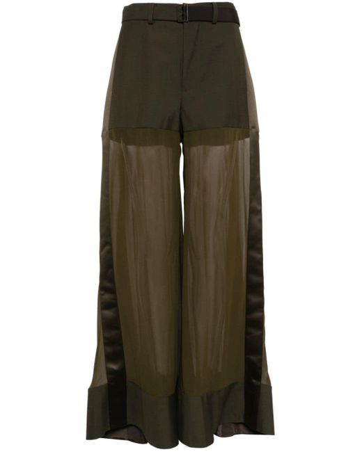 Sacai Green High-waisted Belted Silk Trousers