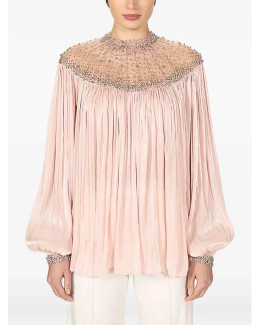 Costarellos Pink Timea Crystal-Embellished Balloon-Sleeve Blouse