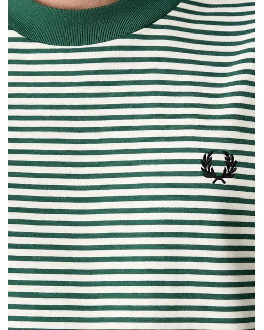 Fred Perry Green Striped Embroidered-Logo T-Shirt for men