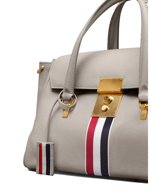 Thom Browne White Pebble-Grain Striped-Detail Tote Bag