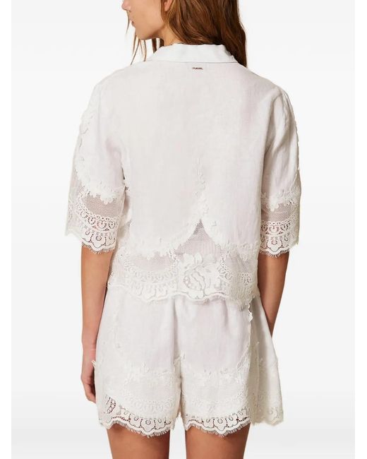 Twinset White Linen Shorts With Lace