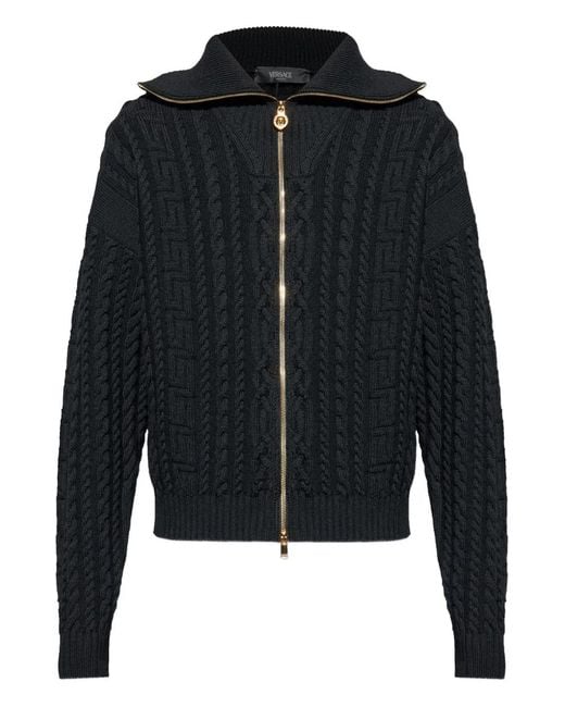 Versace Black Zip-Up Cable-Knit Cardigan for men