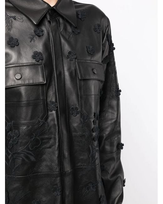 Elie Saab Black Floral-Embroidered Leather Shirt Jacket