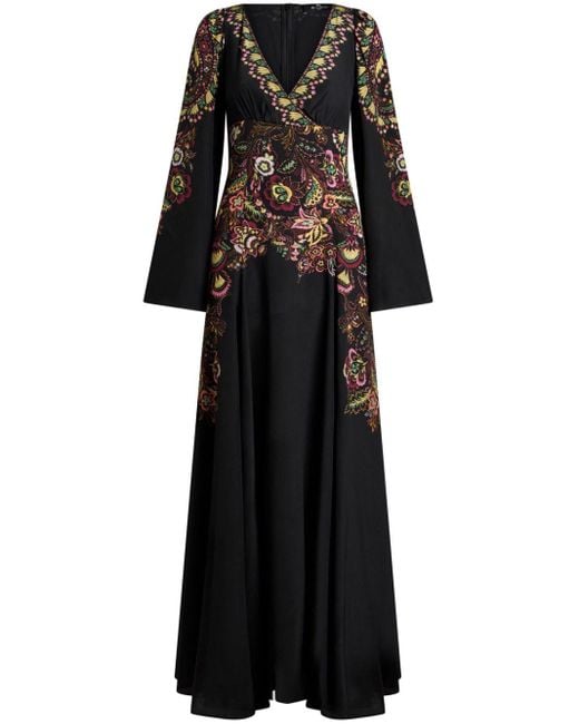 Etro Black Floral-print Crepe De Chine Dress