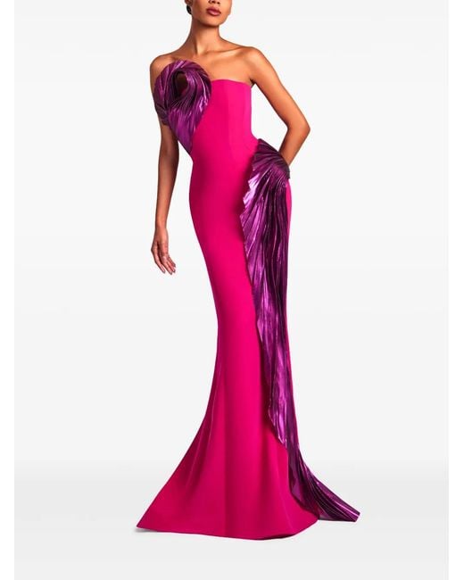 Gaby Charbachy Purple Fan-Detail Strapless Gown