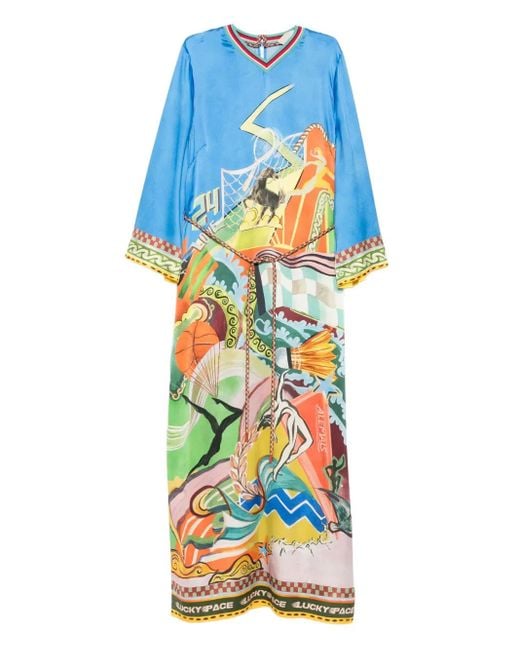 ALÉMAIS Blue V-neck Printed Maxi Dress