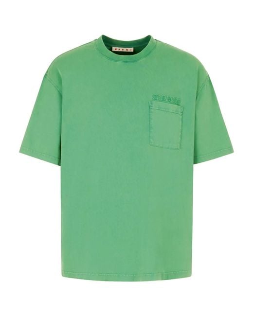Marni Green Cotton T-Shirt With Logo Patches for men
