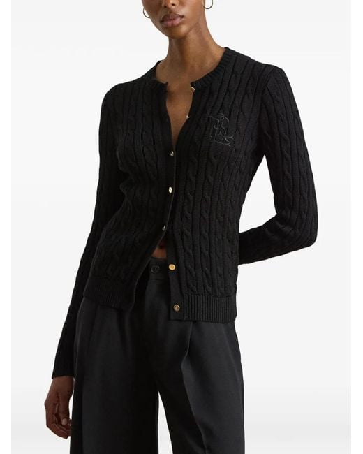 Ralph Lauren Black Cable-Knit Embroidered-Logo Cardigan