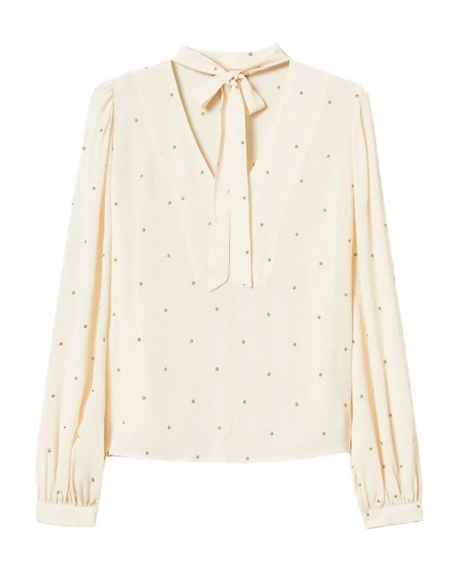 Twinset White Embellished Tie-Neck Blouse