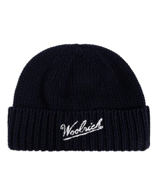 Woolrich Blue Logo-Intarsia Beanie for men