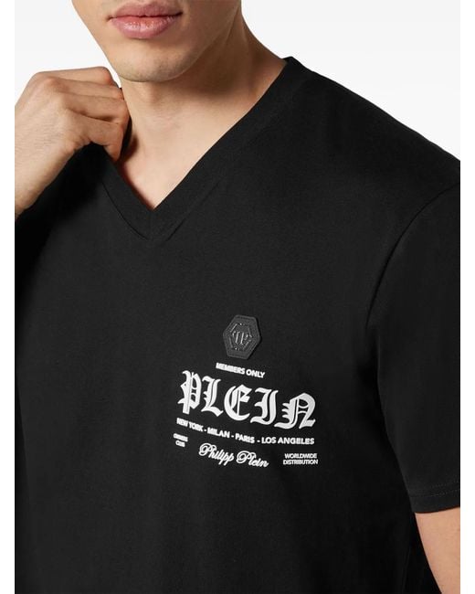Philipp Plein Black Logo-Print V-Neck T-Shirt for men