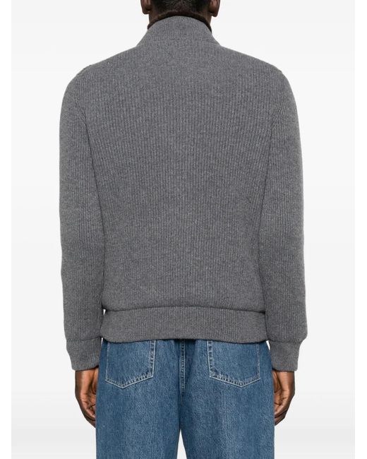 Barba Napoli Gray Fur-Trim Ribbed-Knit Jacket for men