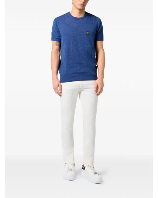Philipp Plein Blue Round Neck T-Shirt Openwork Monogram for men