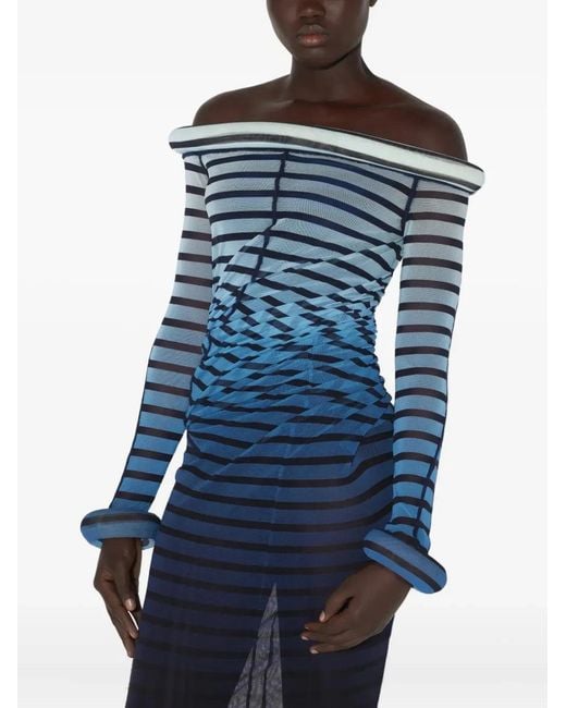 Jean Paul Gaultier Blue Elegant Mesh Boat Neck Long Dress With 3D Collar And Cuff