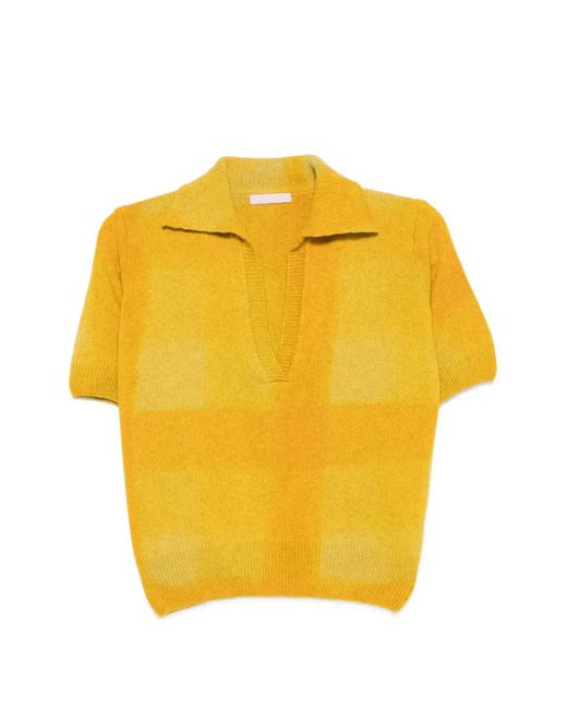 Kristina Ti Yellow Check-Pattern Polo-Collar Sweater