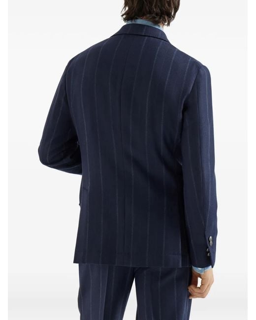 Brunello Cucinelli Blue Cashmere And Virgin Wool Multistripe Twill One-And-A-Half Breasted Deconstructed Blazer With Metal Buttons for men