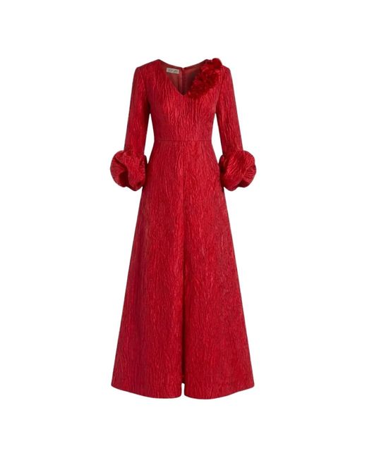 Baruni Red Fayha Floral-Embellished Puff-Sleeve Maxi Gown
