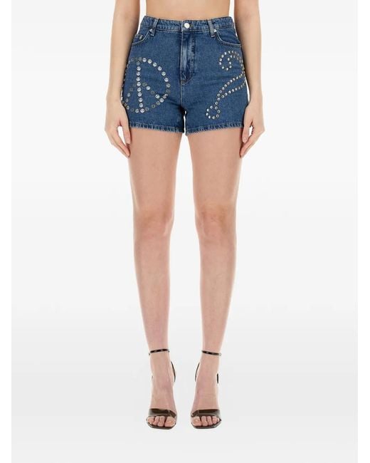 Moschino Blue Logo-Patch Stud-Embellished Denim Shorts