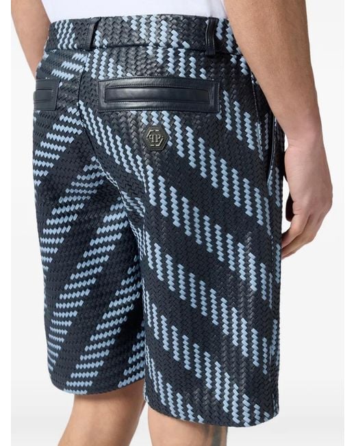 Philipp Plein Blue Weaved Stripes Leather Shorts for men