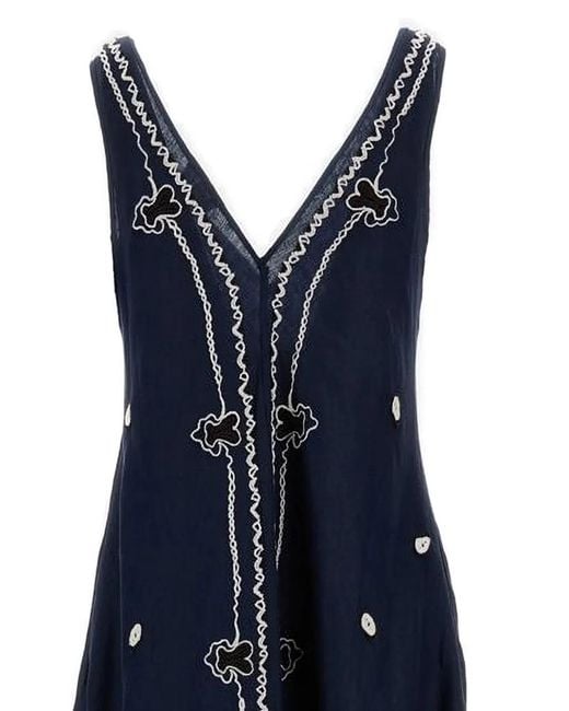 P.A.R.O.S.H. Blue Intricately Embroidered A-Line Linen Dress