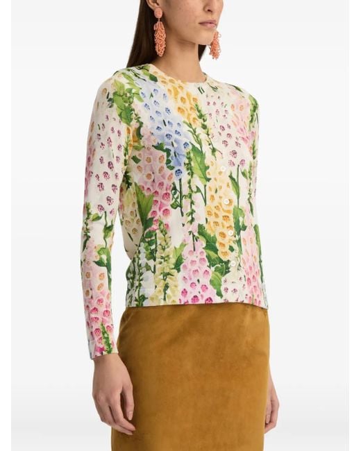 Oscar de la Renta White Foxglove Printed Cardigan