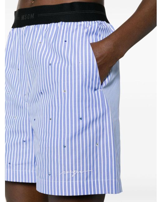MSGM Blue Striped Rhinestone-embellished Cotton Shorts