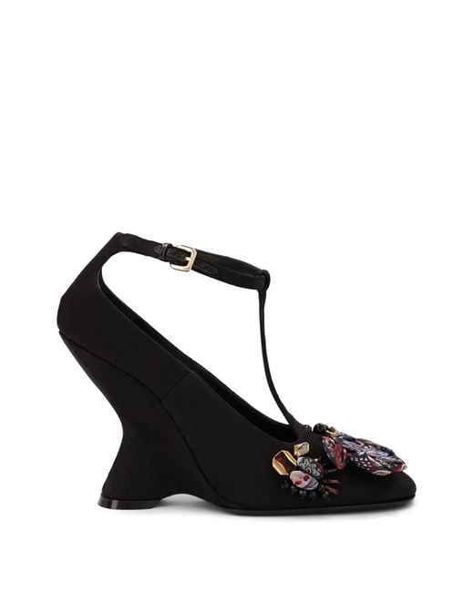 Dries Van Noten Black Embroidered Wedge Pumps