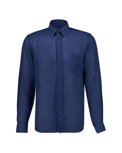 120% Lino Blue Chemise En Soie À Poche Poitrine for men
