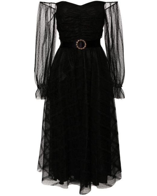 Nissa Black Off-shoulder Tulle Midi Dress