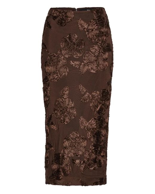 ROTATE BIRGER CHRISTENSEN Brown Rose-Embellished Pencil Midi Skirt