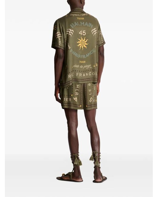 Balmain Green Short-Sleeve Patterned Shirt for men