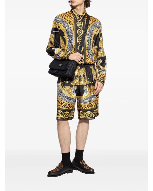 Versace Yellow Tiger Leopard-Print Silk Shorts for men