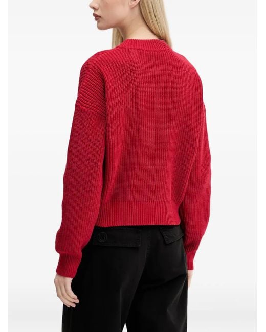 HUGO Red Ribbed Logo-Patch Jumper