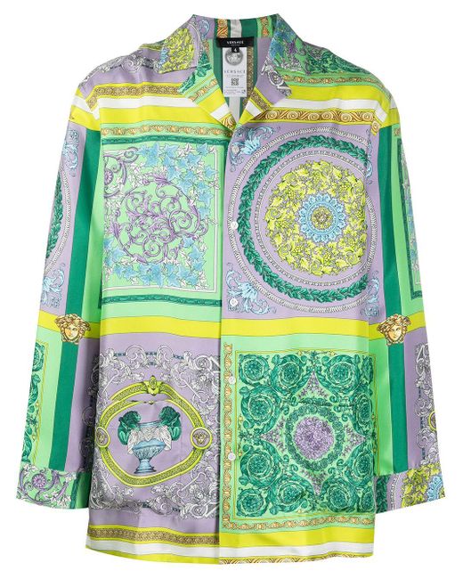 Versace Green Barocco Mosaic Print Silk Pajama Shirt for men
