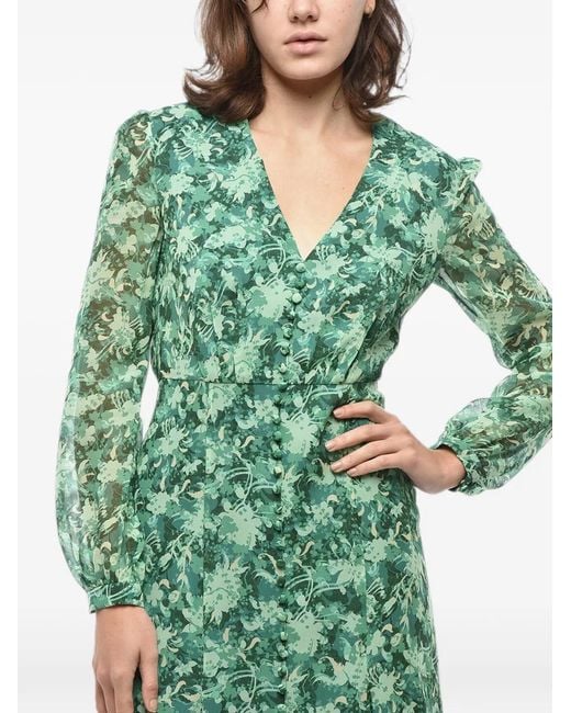 Saloni Green Annabelle Botanical-Print Silk Dress