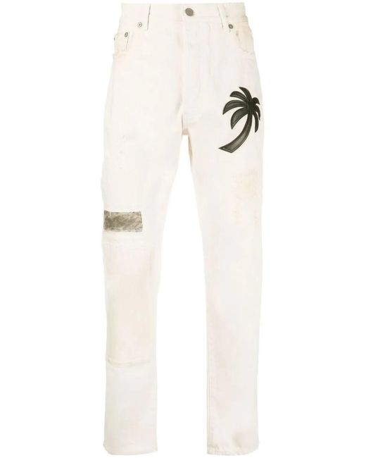 Palm Angels White Palm Tree-Patch Straight-Leg Jeans for men
