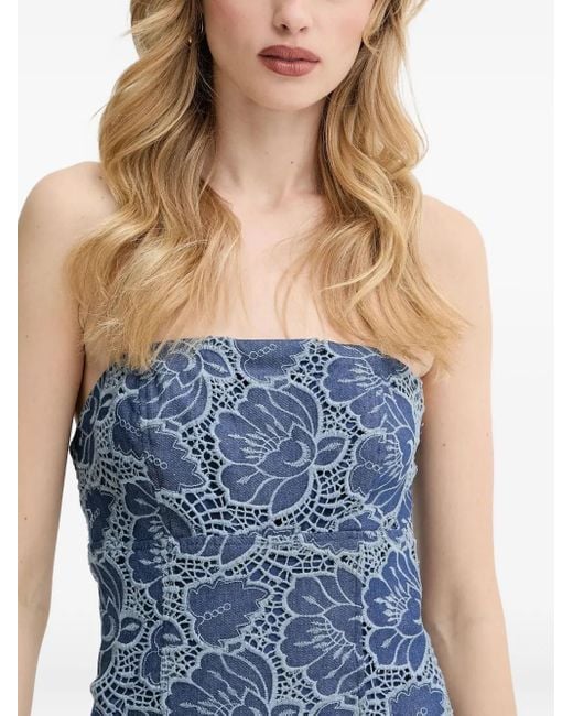 Guess Blue Floral-Lace Strapless Dress