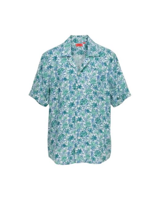Isaia Blue Floral-Print Short-Sleeve Shirt for men
