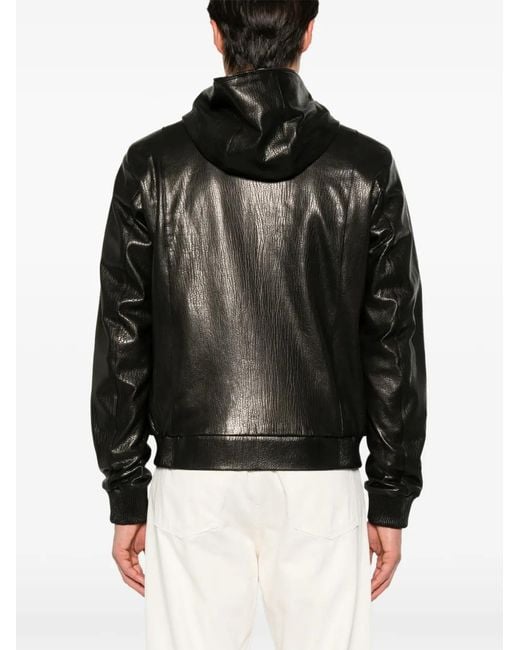 SERGIO MORETTI FIRENZE Black Hooded Leather Jacket for men