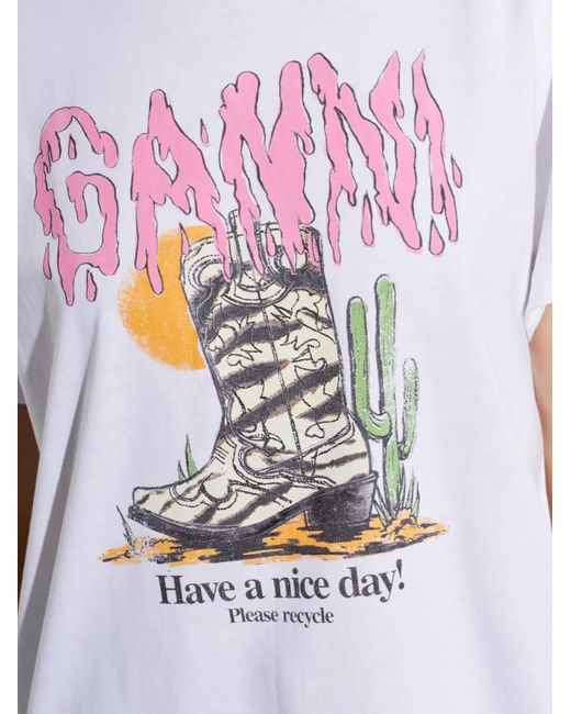 Ganni White Printed Cotton T-Shirt